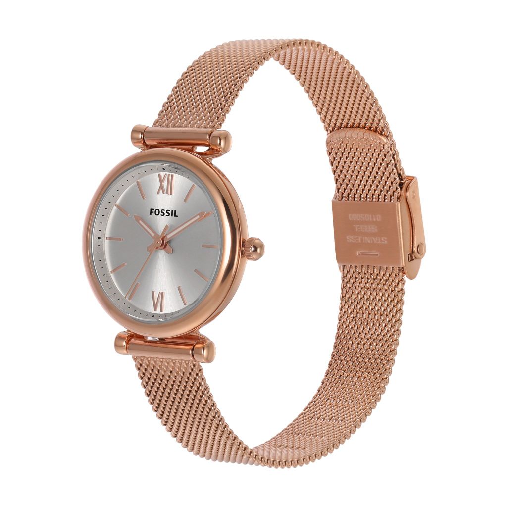 Đồng hồ nữ Fossil Carlie cùng dây chuyền trái tim, dây kim loại, mặt 28 MM, màu vàng hồng, ES5314SET