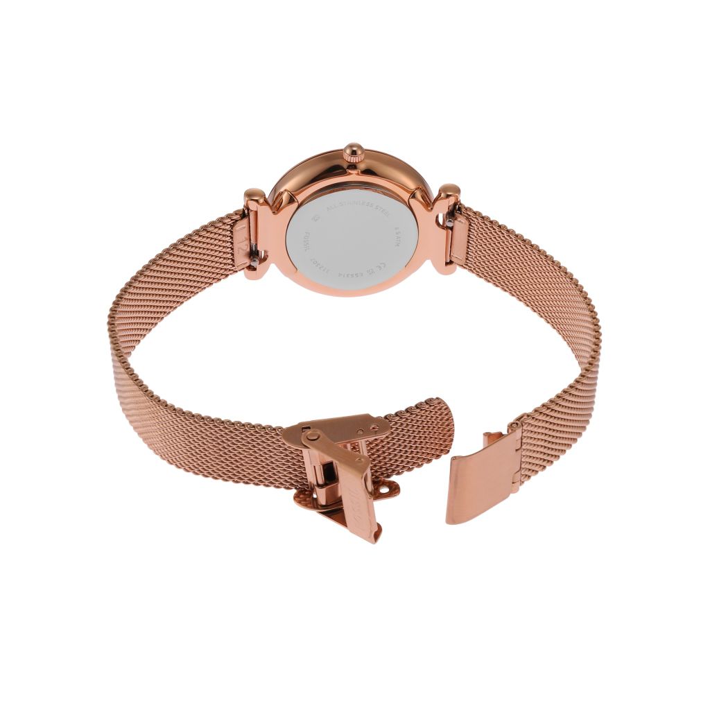 Đồng hồ nữ Fossil Carlie cùng dây chuyền trái tim, dây kim loại, mặt 28 MM, màu vàng hồng, ES5314SET