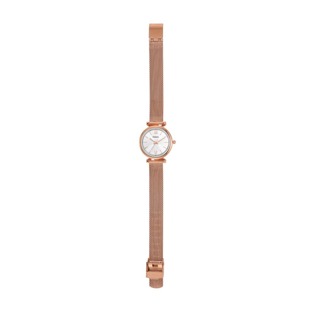 Đồng hồ nữ Fossil Carlie cùng dây chuyền trái tim, dây kim loại, mặt 28 MM, màu vàng hồng, ES5314SET