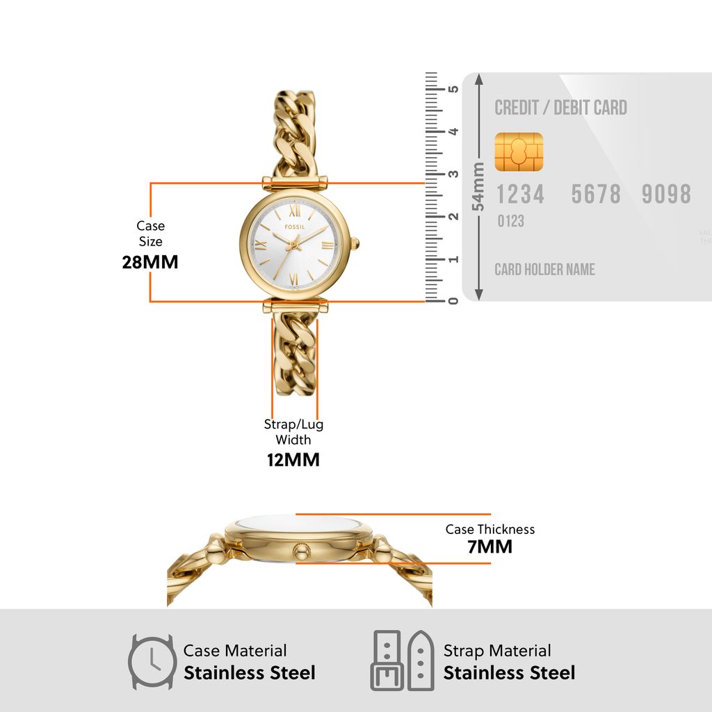 Đồng hồ nữ Fossil CARLIE ES5329 dây thép không gỉ, mặt 28MM, màu vàng, kim dạ quang và cọc số La Mã