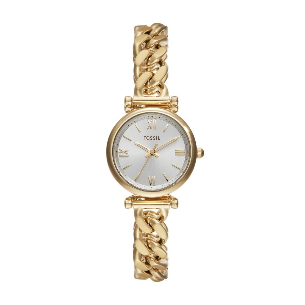 Đồng hồ nữ Fossil CARLIE ES5329 dây thép không gỉ, mặt 28MM, màu vàng, kim dạ quang và cọc số La Mã