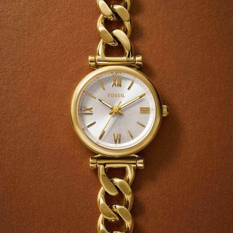 Đồng hồ nữ Fossil CARLIE ES5329 dây thép không gỉ, mặt 28MM, màu vàng, kim dạ quang và cọc số La Mã