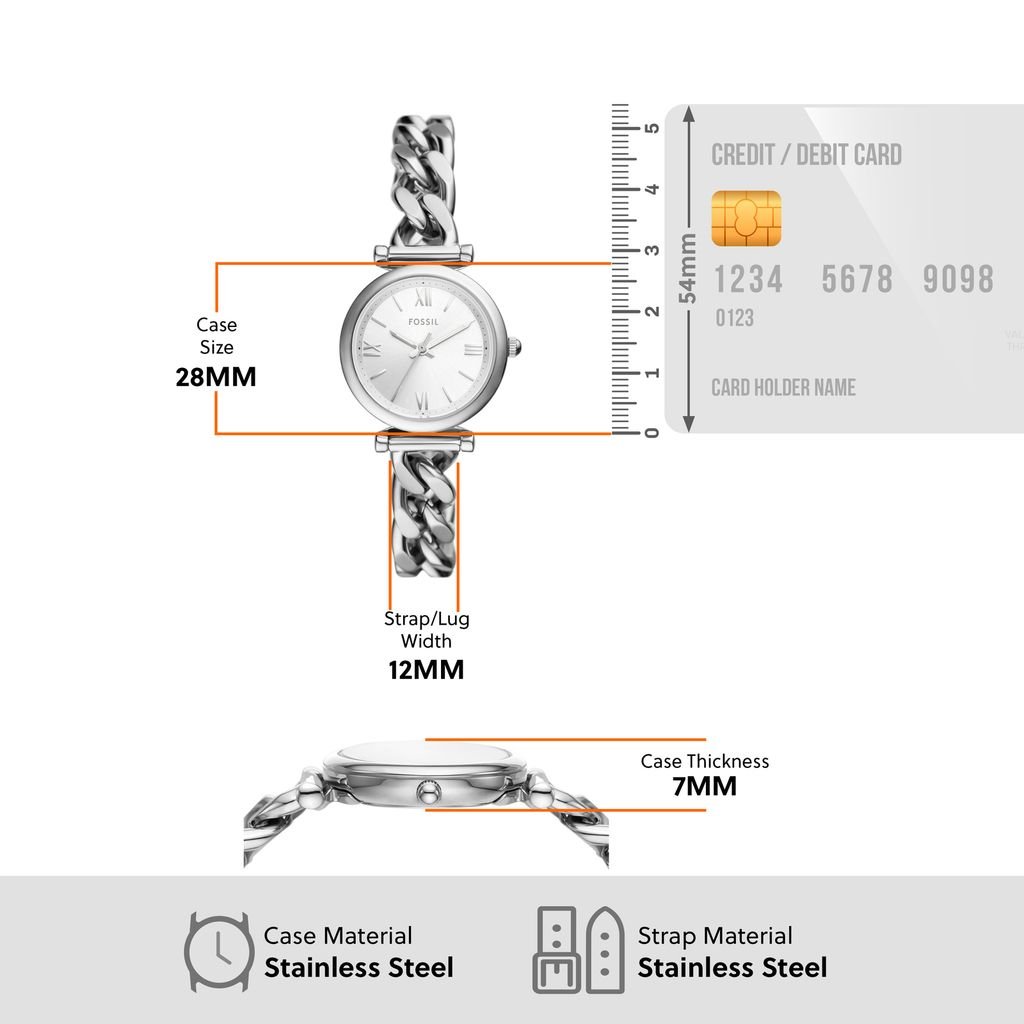 Đồng hồ nữ Fossil CARLIE ES5331 dây thép không gỉ, mặt 28MM, màu bạc, kim dạ quang và cọc số La Mã