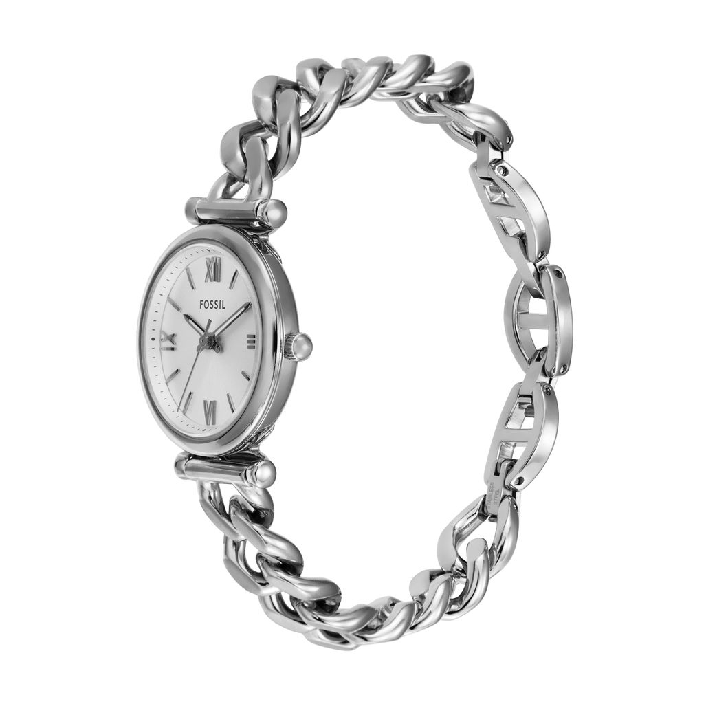 Đồng hồ nữ Fossil CARLIE ES5331 dây thép không gỉ, mặt 28MM, màu bạc, kim dạ quang và cọc số La Mã