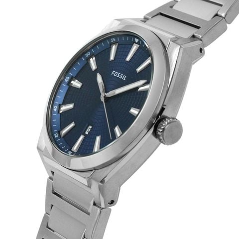 Đồng hồ nam Fossil Everett dây kim loại, mặt màu xanh 42 MM, xem ngày, màu bạc, FS5822
