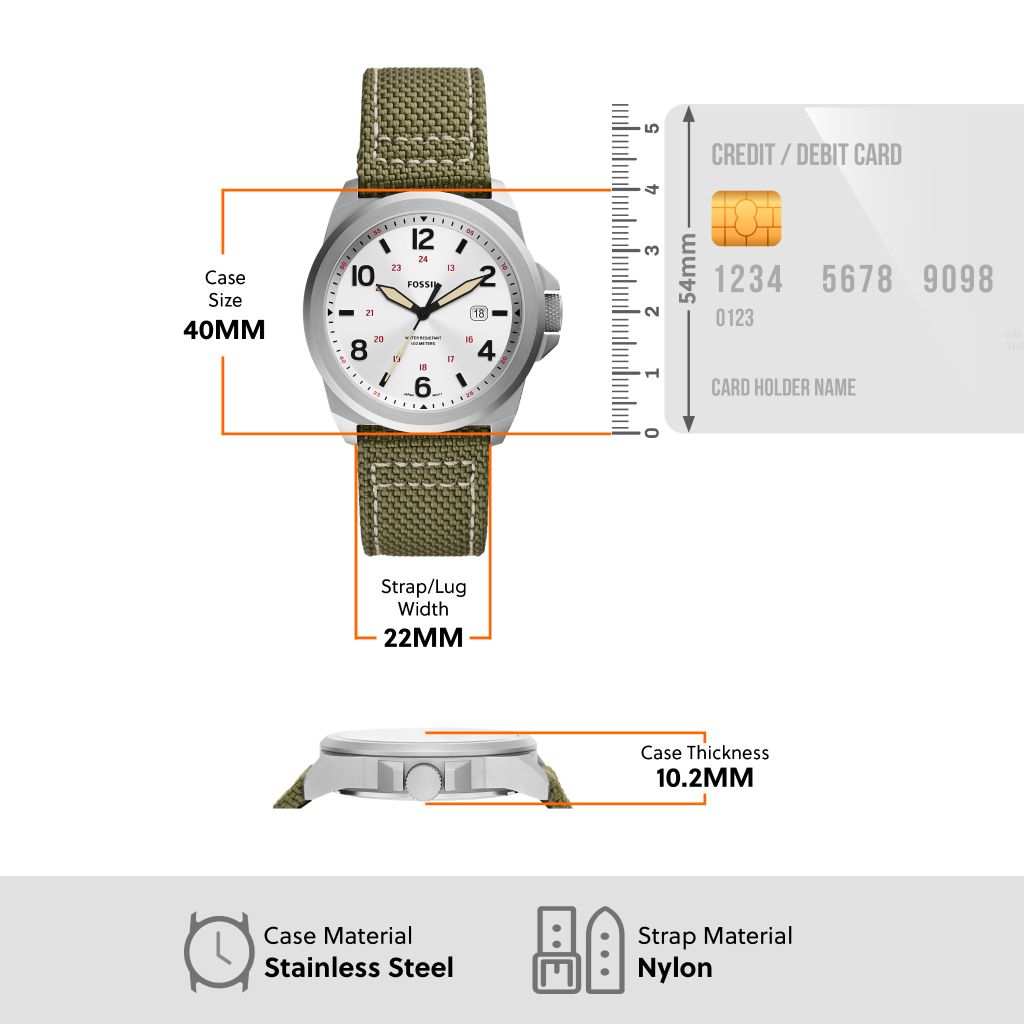 Đồng hồ nam Fossil Bronson dây nylon, mặt 40 MM, màu xanh lá, FS5918