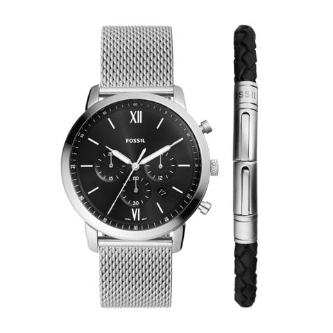 Đồng hồ nam Fossil NEUTRA Chronograph, mặt đen 44 MM, dây thép không gỉ, màu bạc, FS6020SET - Set đồng hồ và vòng tay