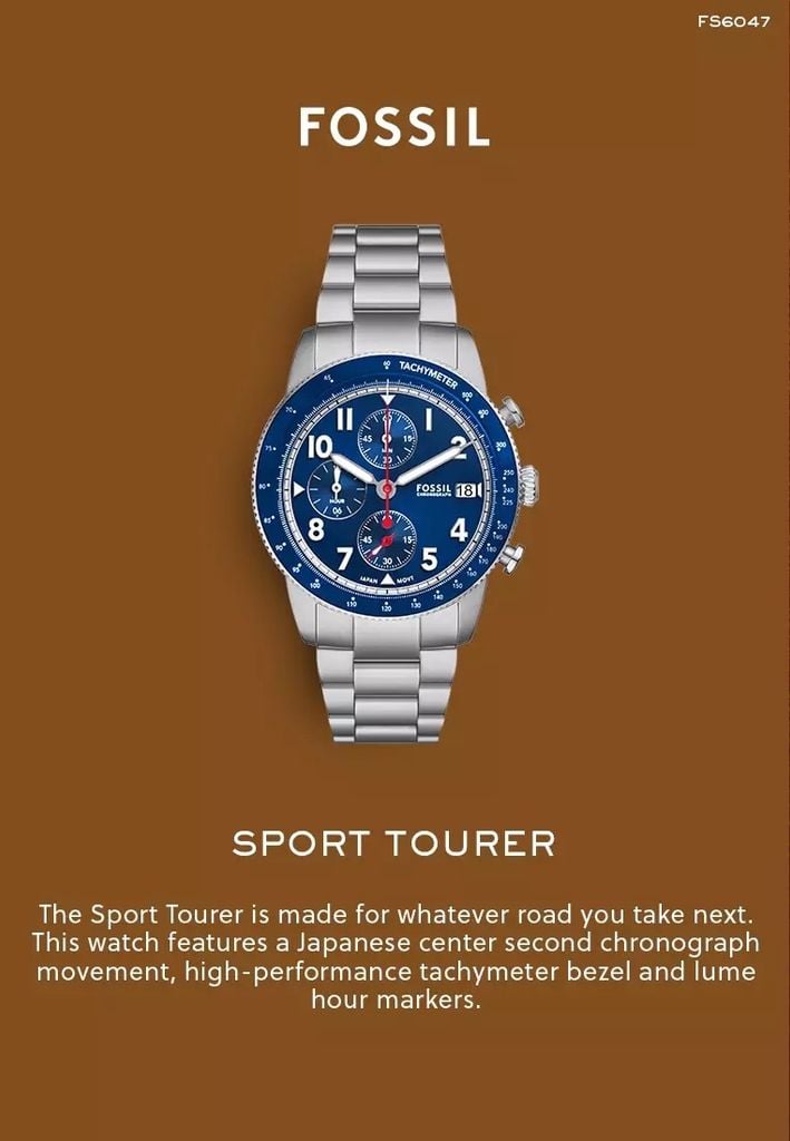 Đồng hồ nam Fossil SPORT TOURER Chronograph bấm giờ, dây da LiteHide da thật màu nâu, mặt số 42MM, FS6042