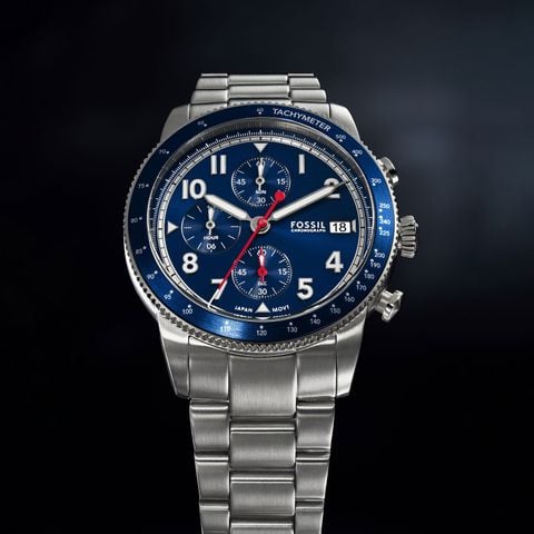 Đồng hồ nam Fossil SPORT TOURER FS6047 Chronograph đếm thời gian, mặt 42mm màu xanh, dây thép không gỉ-màu bạc