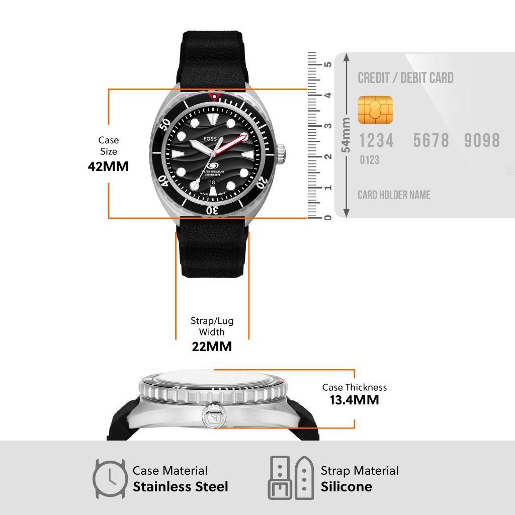 Đồng hồ nam Fossil Breaker Dive kháng nước 20 ATM bơi lặn, mặt 42mm, dây slicone FS6062 - màu đen