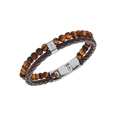 Vòng tay Fossil dây da nâu kết hợp chuỗi hạt mắt hổ JF03118040