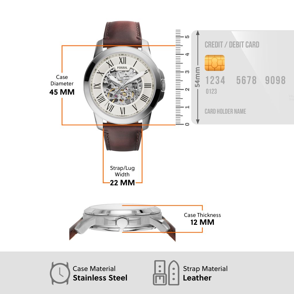 Đồng hồ cơ nam Fossil Grant Automatic, dây da, mặt 45 MM, màu nâu, ME3099