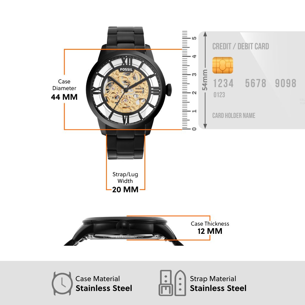 Đồng hồ cơ nam Fossil TOWNSMAN Automatic, mặt 44MM,  dây thép không gỉ - màu đen, ME3197