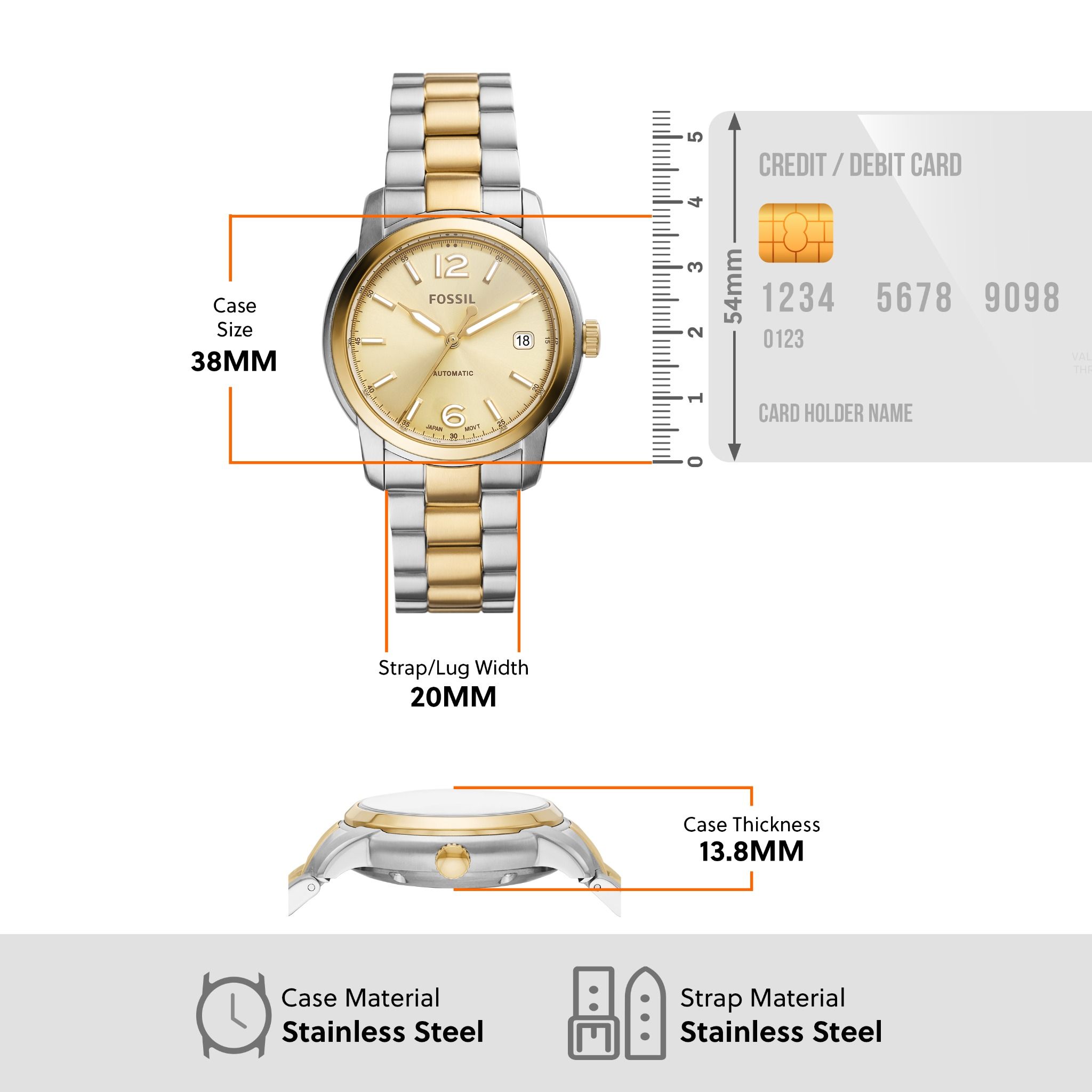  Đồng hồ cơ Fossil Heritage Automatic, Unisex Nam/Nữ mặt 38MM, dây thép không gỉ ME3228 