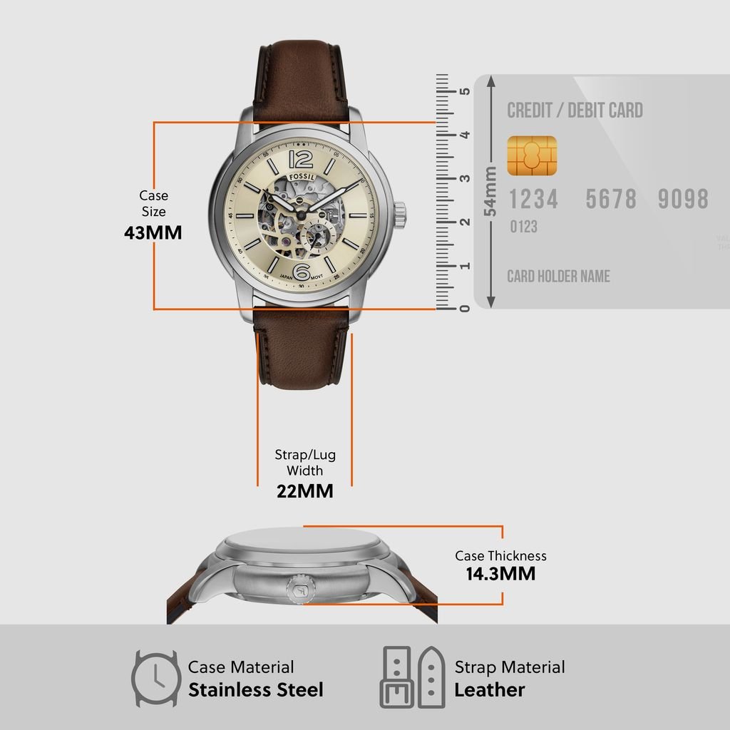 Đồng hồ nam cơ Fossil Heritage Automatic - Dây da nâu, 43MM, ME3264