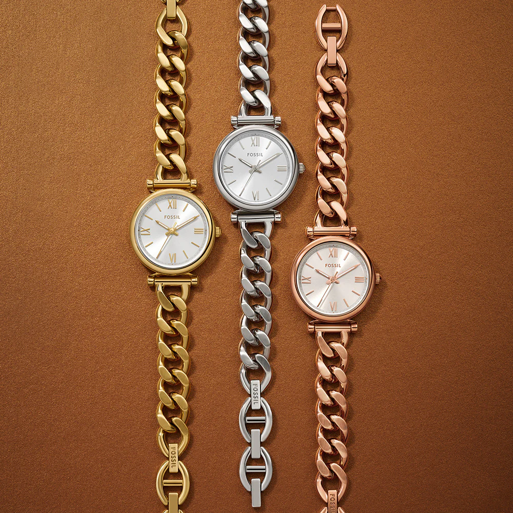 Đồng hồ nữ Fossil CARLIE ES5329 dây thép không gỉ, mặt 28MM, màu vàng, kim dạ quang và cọc số La Mã