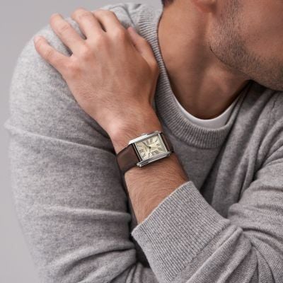 Đồng hồ nam Fossil Carraway dây da thật, mặt 30 MM hình chữ nhật, màu nâu, FS6012