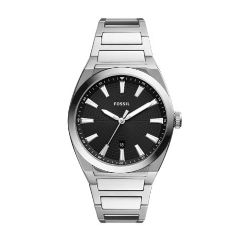 Đồng hồ nam Fossil Everett dây kim loại, xem ngày, mặt đen 42 MM, màu bạc, FS5821
