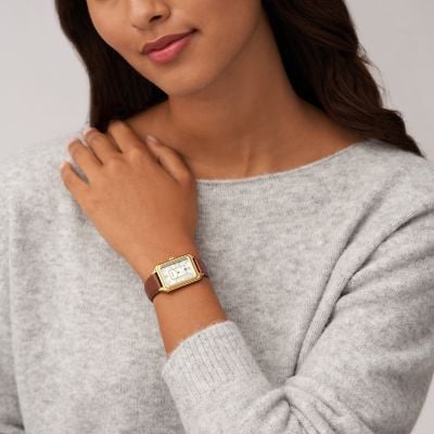 Đồng hồ nữ Fossil Raquel dây da thật màu nâu, mặt chữ nhật khảm xà cừ 26 MM, ES5307