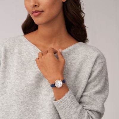 Đồng hồ nữ Fossil Carlie dây da, mặt 28 MM, màu xanh dương, ES5295