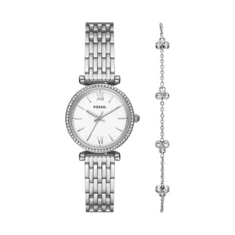 Đồng hồ nữ Fossil Carlie cùng lắc tay, dây kim loại, mặt 28 MM, màu bạc, ES5315SET