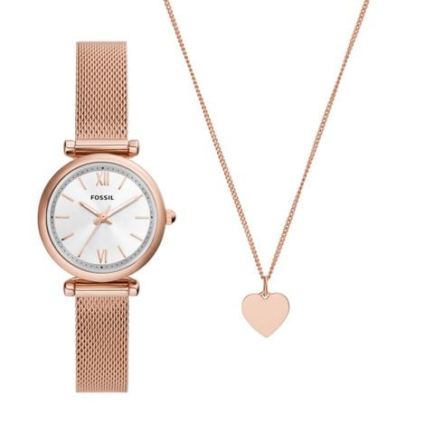 Đồng hồ nữ Fossil Carlie cùng dây chuyền trái tim, dây kim loại, mặt 28 MM, màu vàng hồng, ES5314SET