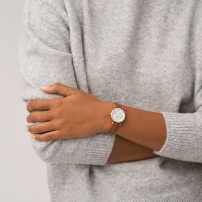 Đồng hồ nữ Fossil Carlie dây da, mặt 28 MM, màu nâu, ES5297