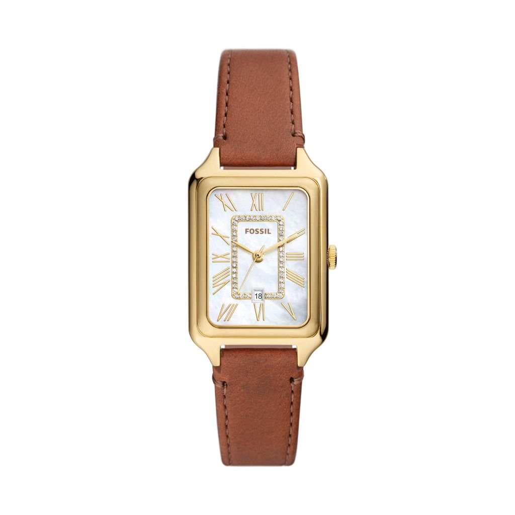 Đồng hồ nữ Fossil Raquel dây da thật màu nâu, mặt chữ nhật khảm xà cừ 26 MM, ES5307