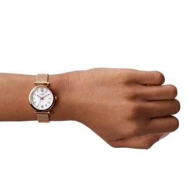 Đồng hồ nữ Fossil Carlie dây kim loại, mặt 28 MM, màu vàng hồng, ES4433