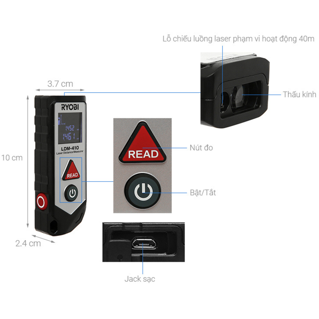 Máy đo khoảng cách tia laser KYOCERA LDM410 Sản phẩm được trang bị tia đỏ bước sóng 630 - 670nm. Tầm hoạt động rộng từ 0.2 đến 40m