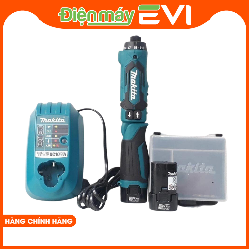 Máy vặn vít dùng ppin Makita  DF012DSE Có thể sử dụng cho cả khoan và vặn vít. Sạc(DC10WA) / 2 pin 1.5Ah(BL0715) / Mũi vít (+)(+)(784202-3) / Mũi vít (+)(+)(784243-9)