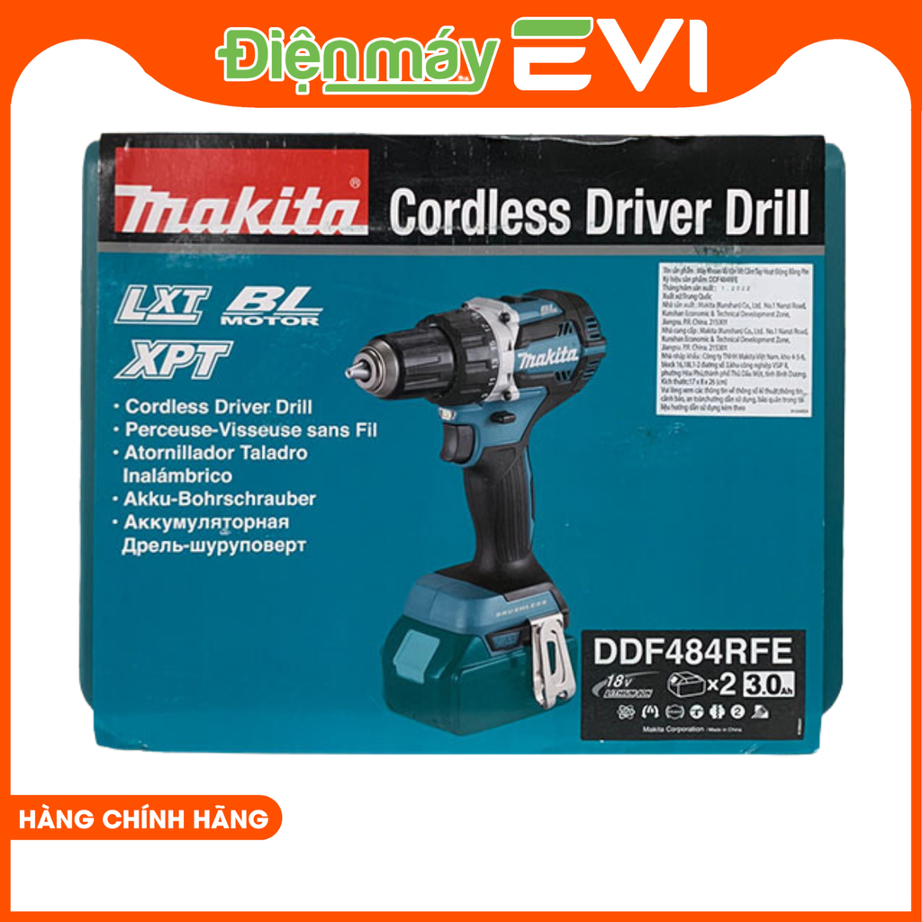 Máy khoan pin cầm tay Makita DDF484RFE Tích hợp 2 pin dung lượng cao 3.0AH và bộ sạc nhanh giúp sạc đầy nhanh chóng và sử dụng lâu dài