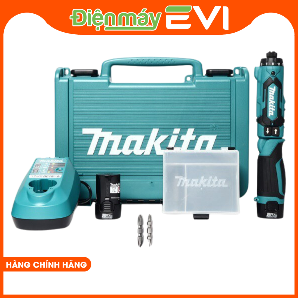 Máy vặn vít dùng ppin Makita  DF012DSE Có thể sử dụng cho cả khoan và vặn vít. Sạc(DC10WA) / 2 pin 1.5Ah(BL0715) / Mũi vít (+)(+)(784202-3) / Mũi vít (+)(+)(784243-9)