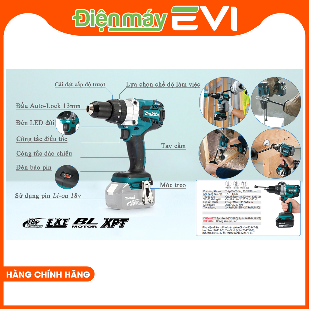 Máy khoan pin cầm tay Makita DHP481Z Có khả năng khoan và vặn vít đòi hỏi khắt khe nhất trong gỗ, nề và kim loại. Mô-men xoắn khóa 125Nm Max mang lại sức mạnh vô địch