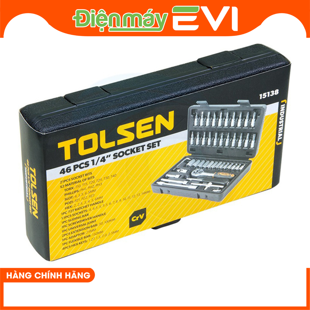 Bộ đầu tuýp 1/4 Tolsen 15138 gồm 46 món có độ bền cao, 21 đầu tô vít và 13 đầu vặn ốc