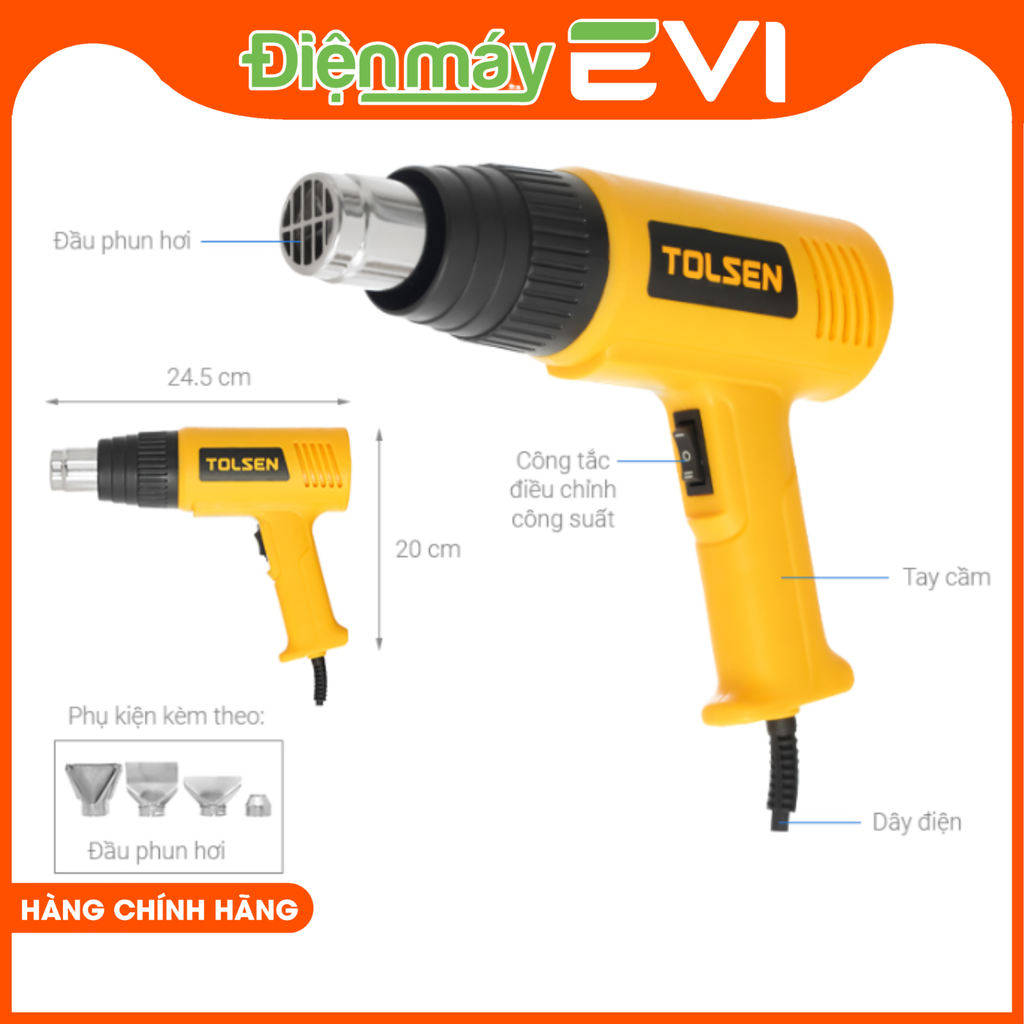 Máy khò hơi nóng TOLSEN 79100 2000W Có 2 mức lưu lượng gió với cấp 1 là 300 lít/phút, cấp 2 đạt 500 lít/phút, 2 mức nhiệt độ ở cấp 1 là 350°C trong khi cấp 2 cho 550°C