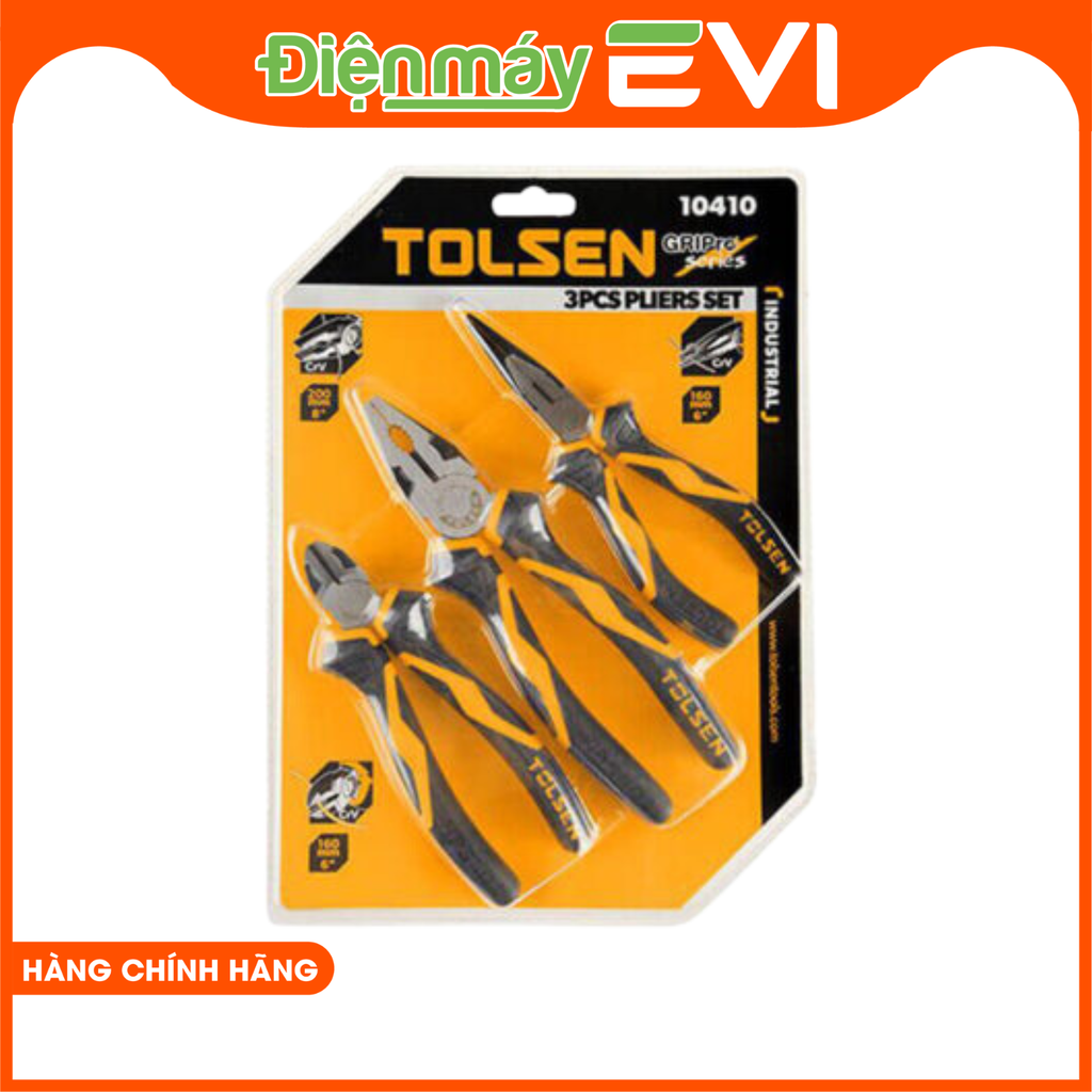 Bộ kìm răng công nghiệp Tolsen 10410  Bộ sản phầm bao gồm kìm cắt với kích thước 7″, kìm mũi nhọn với kích thước 6″, kìm điện với kích thước 6″.