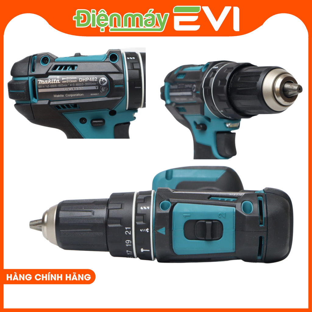 Máy khoan pin cầm tay Makita DHP482Z Tốc độ đập cao/ thấp 0 – 28500 / 0 – 9000 l/p. Lực siết tối đa cứng và mềm 62Nm / 36Nm