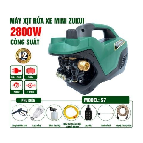 Máy rửa xe áp lực cao Zukui S7 Có chỉnh áp - Công suất 2800W / 11L/Min - Áp lực 200bar - Dây xịt 15M