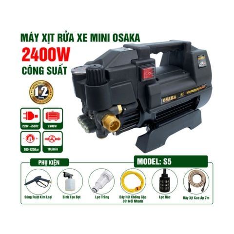 Máy rửa xe áp lực cao Osaka S5 Có chỉnh áp 2400W/Dây cao áp 7m/150-200bar/10L/Min Đầy đủ phụ kiện chính hãng