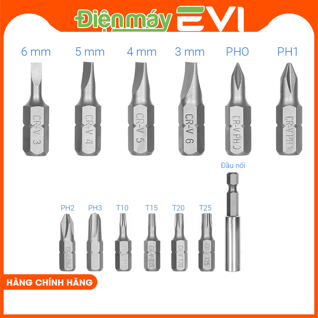 Tua vít tự động Tolsen 20040 Bộ mũi vít đi kèm dạng dấu cộng, trừ, hình bông gồm 12 kích cỡ: 3 mm, 4 mm, 5 mm, 6 mm, PH0, PH1, PH2, PH3, T10, T15, T20, T25