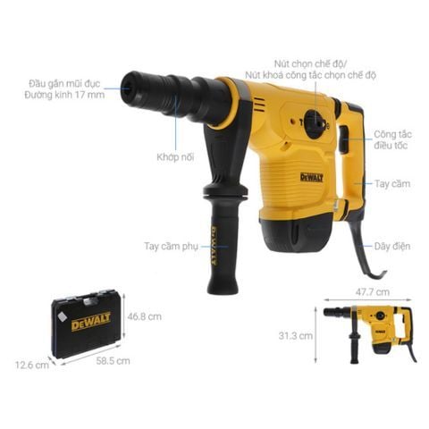 Máy đục bê tông Dewalt D25811K-B1 Với công suất 1050W, lực đập 7.1J và tốc độ đập lên đến 3150 lần/phút.