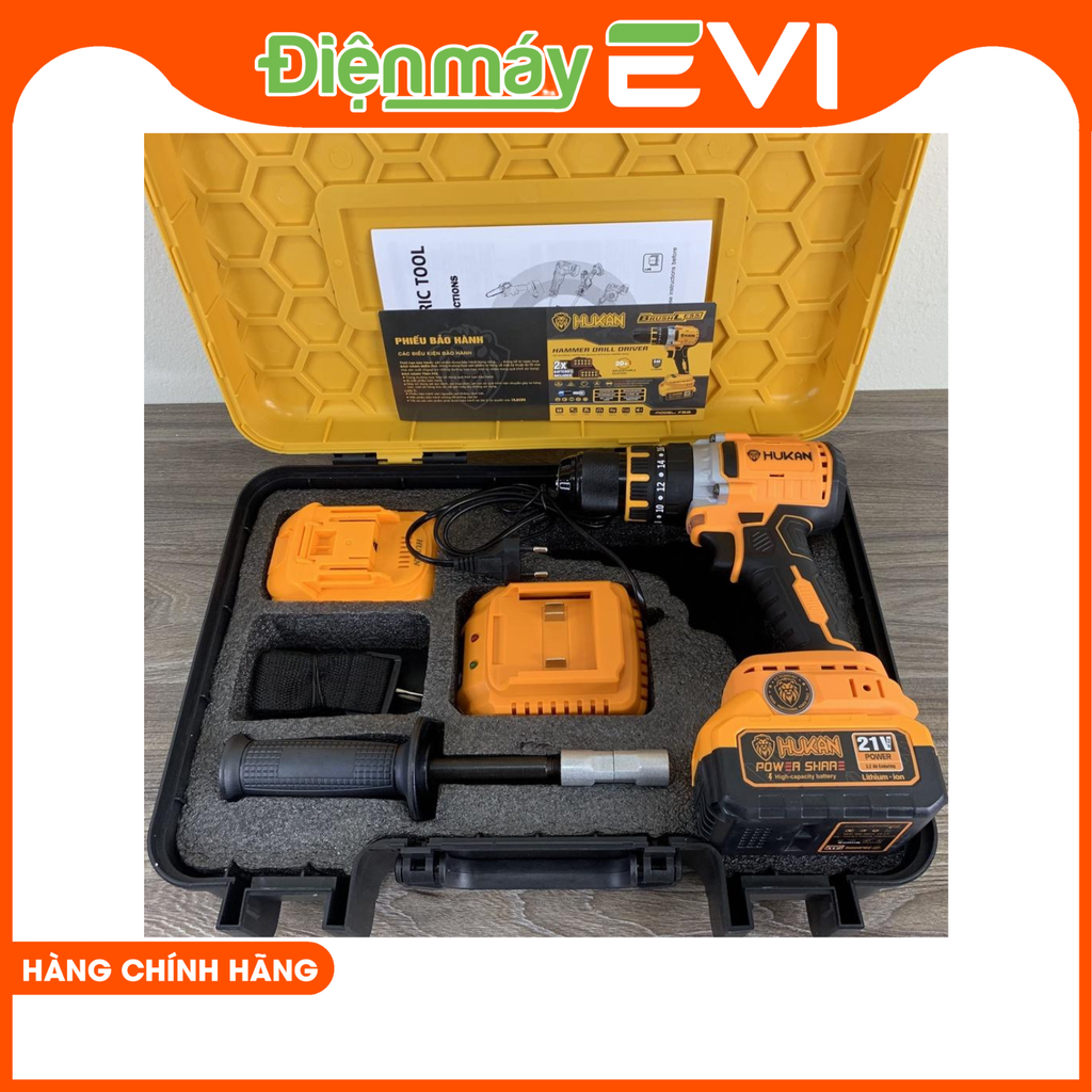 Máy khoan pin HuKan F88 ba chức năng khoan, búa, vít lực siết 95Nm. Máy nguyên bộ 2 pin, 1 sạc giúp tiết kiệm chi phí mua pin, sạc rời