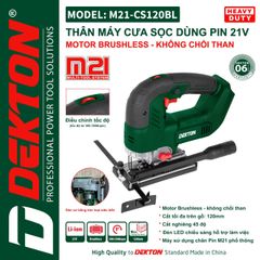 Máy cưa lọng dùng pin Dekton M21-CS120BL cắt nghiêng 45 độ, cắt tối đa trên gỗ 120mm. Có công tắc điều chỉnh được tốc độ.