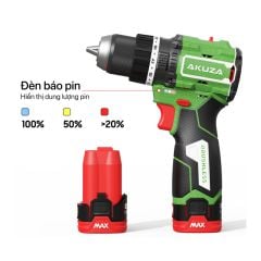 Máy khoan pin Akuza F1 ATC trang bị tốc độ không tải lên đến 2000 vòng/phút. Bật tắt tính năng chống vặn cổ tay
