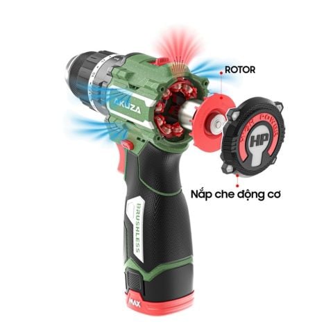 Máy khoan pin Akuza F1 ATC trang bị tốc độ không tải lên đến 2000 vòng/phút. Bật tắt tính năng chống vặn cổ tay
