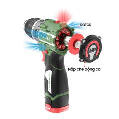 Máy khoan pin Akuza F1 ATC trang bị tốc độ không tải lên đến 2000 vòng/phút. Bật tắt tính năng chống vặn cổ tay