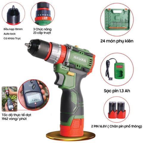 Máy khoan pin đầu kẹp Akuza K4 Pro hộp nhưa đi kèm bên trong bao gồm 24 chi tiết