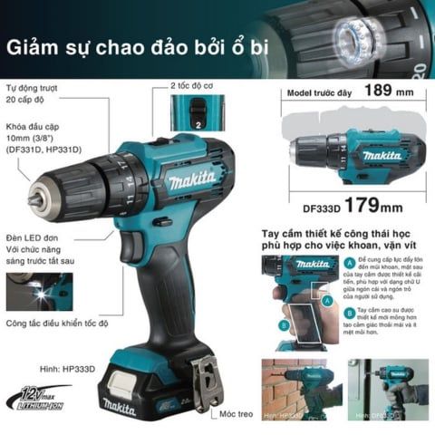Máy khoan pin cầm tay Makita HP333DSYE công suất hoạt động mạnh mẽ đáp ứng nhu cầu của bạn.