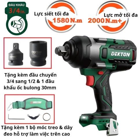 Máy siết bulong Dekton M21-IW1580PRO Lực siết 1.580N.m và lực mở đạt 2.000N.m. Trang bị 4 cấp số lực từ 900-1580Nm